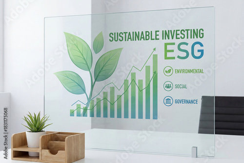 Sustainable investing concept with ESG environmental, social, and governance icons and green leaves growing from rising bar chart on transparent screen in modern office setting