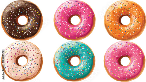 Variety of Colorful Sprinkled Donuts in Vector Illustration