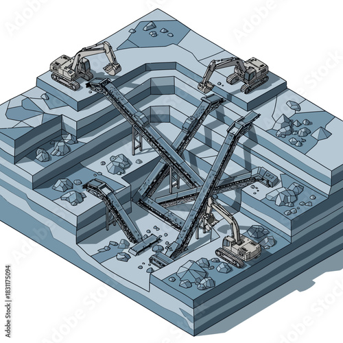 Isometric illustration of an open-pit mine with excavators and conveyor belts.