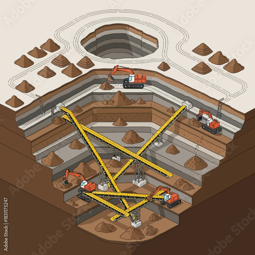Isometric illustration of a large-scale open-pit mining operation with multiple excavators, conveyor belts, and layered earth showing different stages of excavation.