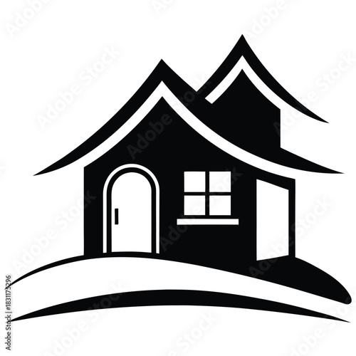 Black home on a curving hill shows arched door and window, symbolizing shelter