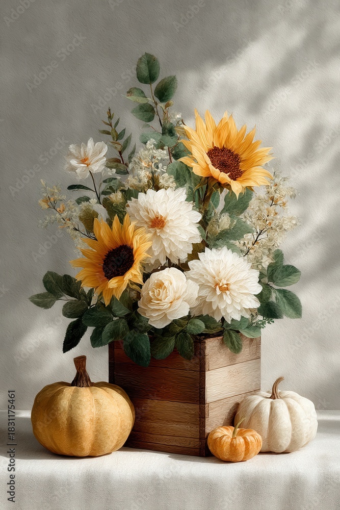 Obraz premium Autumn bouquet with sunflowers and white dahlias in a wooden crate, surrounded by pumpkins for a warm fall centerpiece
