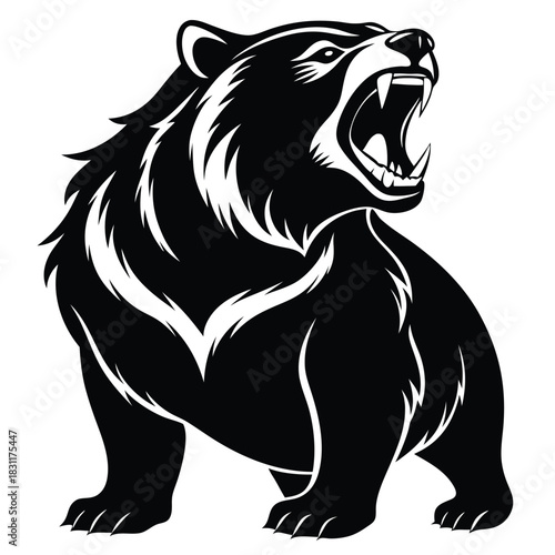 silhouette presents a powerful, roaring bear with visible teeth on white background