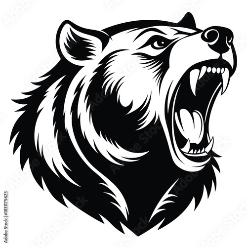 The fierce bear head in black and white aggressively roars with visible teeth