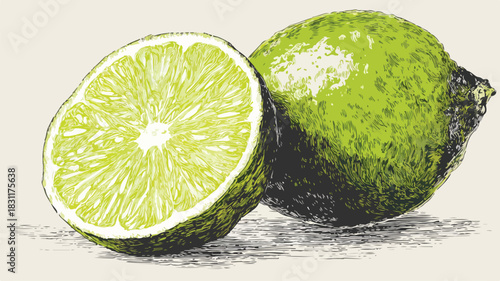 Sliced Lime with Lime Vector Drawing - Fresh and Vibrant Citrus Fruit Illustration