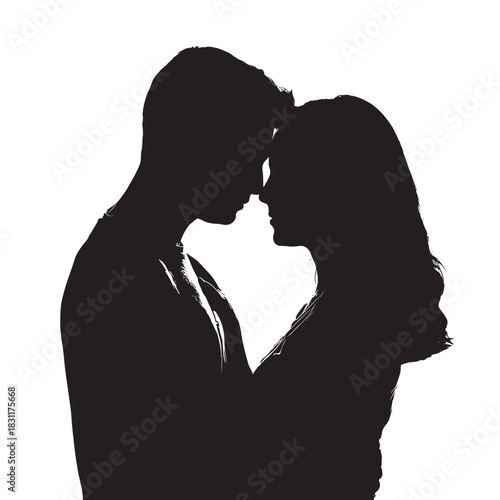 Silhouette of a loving couple embracing romantic moment isolated on white background