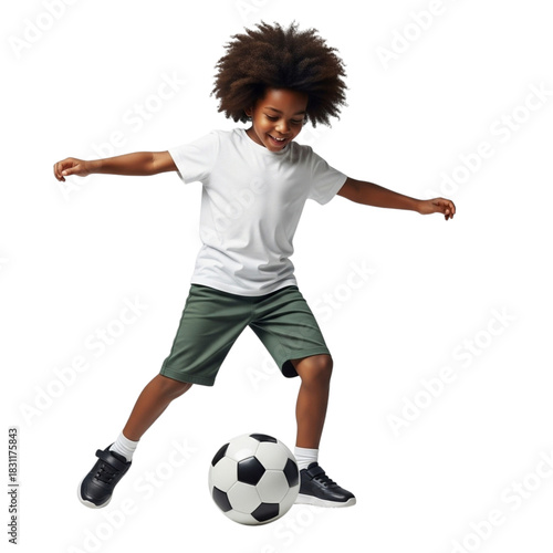 Young boy with curly hair playing soccer on a black background
