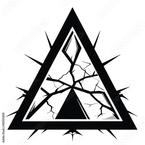 Black triangle frame with sharp spikes encasing cracked glass and another triangle inside