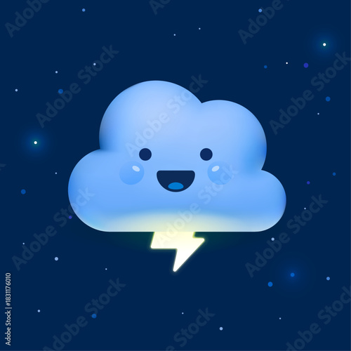 Vector illustration of a cute smiling cloud with a lightning bolt on a dark starry sky. Cheerful kawaii weather character. Great for kids and cartoon forecast themes