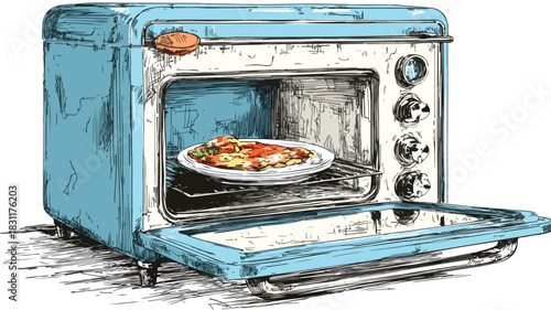 Blue Oven with Plate of Food Vector Illustration