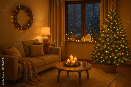 Warm living room glowing with soft golden lights, decorated Christmas tree with ornaments, cozy sofa with cushions and blanket, candles on wooden table, snowy night outside window