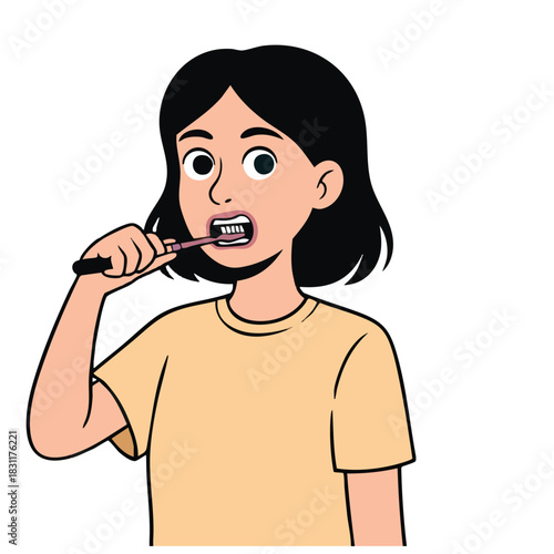 Illustration of young woman with dark hair brushing her teeth with a toothbrush