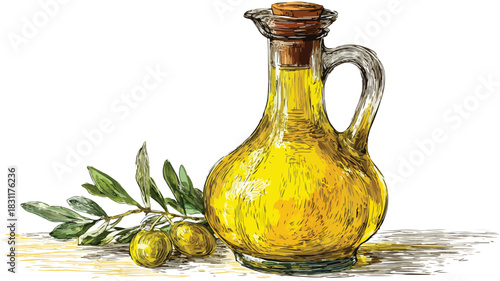 Elegant Drawing of Olive Oil Bottle with Handle Vector Illustration