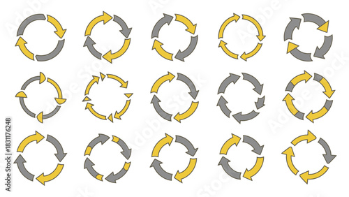 A collection of circular arrow diagrams in yellow and gray, representing processes and cycles.