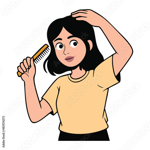 Illustration of young woman with short black hair combing her hair with a yellow comb