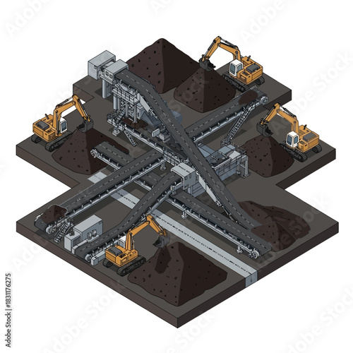 Isometric illustration of a mining operation with excavators and conveyor belts.
