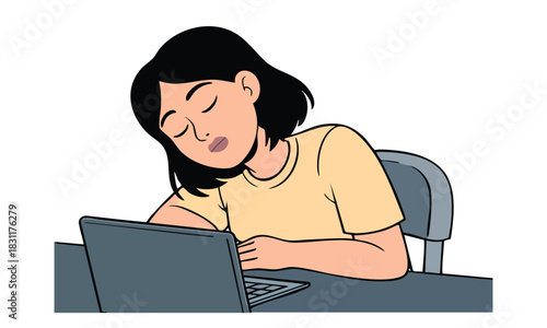 Illustration of young woman with short dark hair sleeping while leaning over a laptop computer