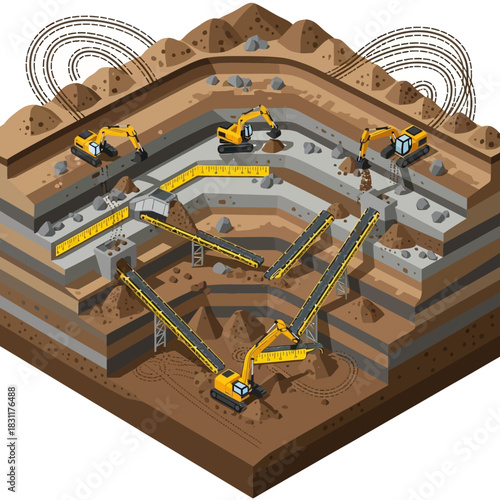Isometric illustration of an open-pit mine with excavators and conveyor belts for resource extraction.