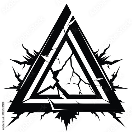 Black geometric triangle cracks and splinters apart on a stark white background