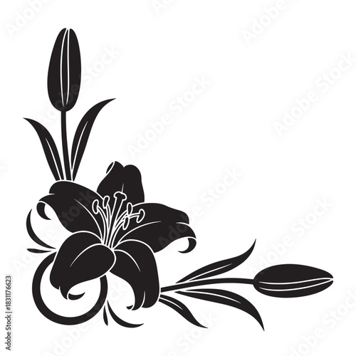 Elegant lily flower corner design black vector illustration with buds and leaves isolated on white background