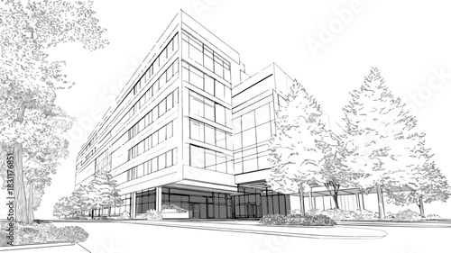 Modern Building Surrounded by Trees and Blue Sky Vector Illustration