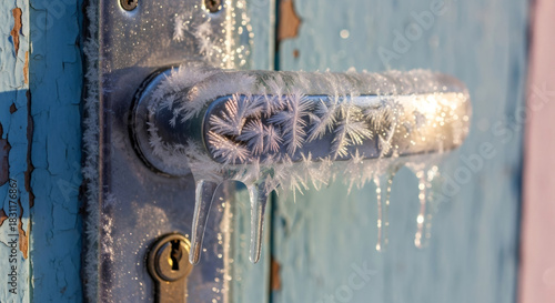 Metal door handle covered with frost and icicles on a blue wooden door. Winter atmospheric effect for weather concept or season background.