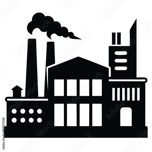 Complex industrial plant emits cloud of smoke, showcasing factory silhouette on white backdrop