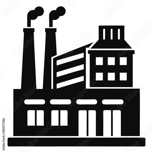 A monochrome plant structure with two smoking chimneys presents a formidable industrial scene