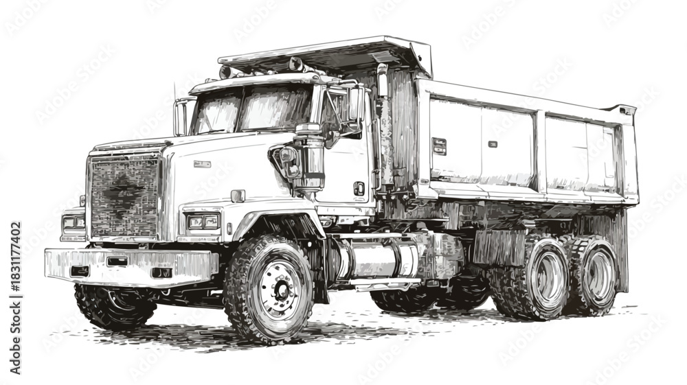 Naklejka premium Detailed Drawing of Dump Truck with Large Front Loader