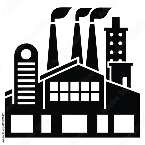 Silhouetted factory building with smokestacks emits smoke in a stark black and white view