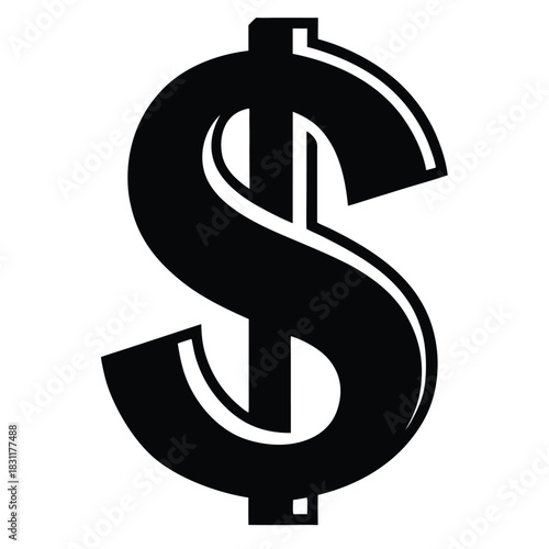 Bold three dimensional dollar sign icon displays stark black outline against a clean white backdrop