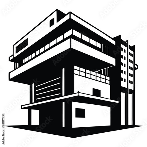 Modernist architectural design displays bold geometric shapes and stark contrasts in a striking composition