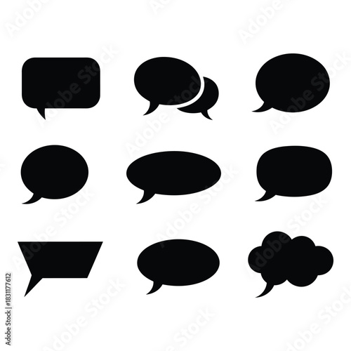 Collection of nine different black speech bubble icons on a white background