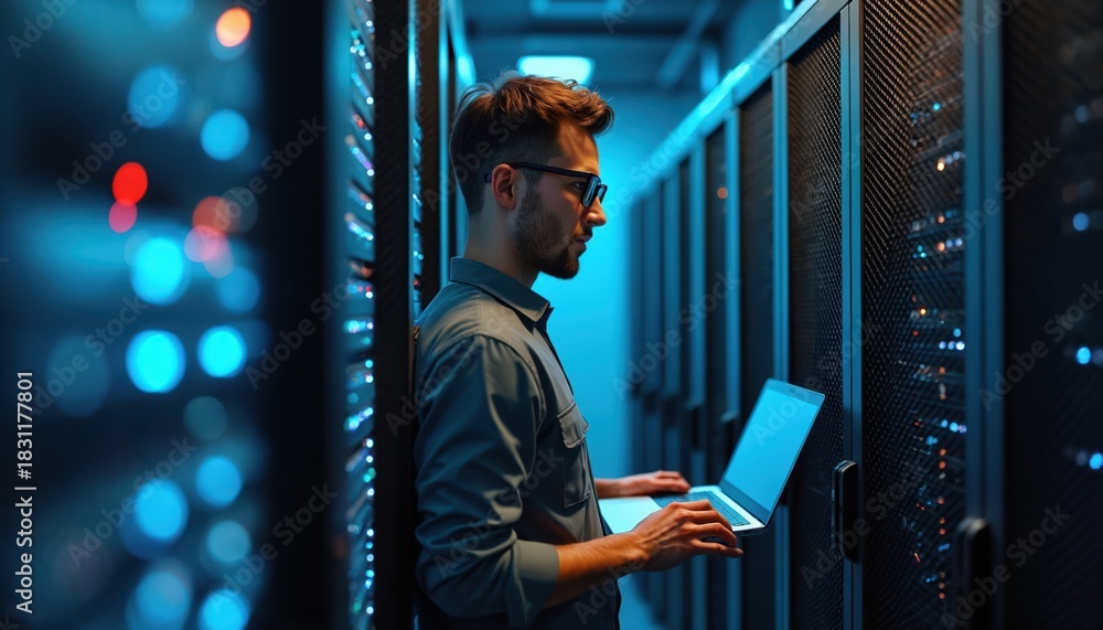 Fototapeta premium Man with glasses works on laptop in dark server room with many computer racks and blinking lights. IT pro checks system status and network connection in data center.