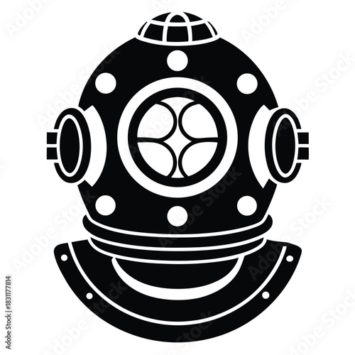 An antique diving helmet sits prominently, featuring a bold, stylized and symmetrical design