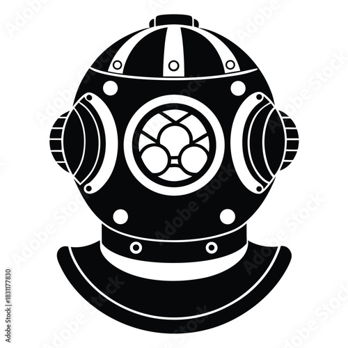 A black vintage diving helmet with circular windows is seen against a white backdrop