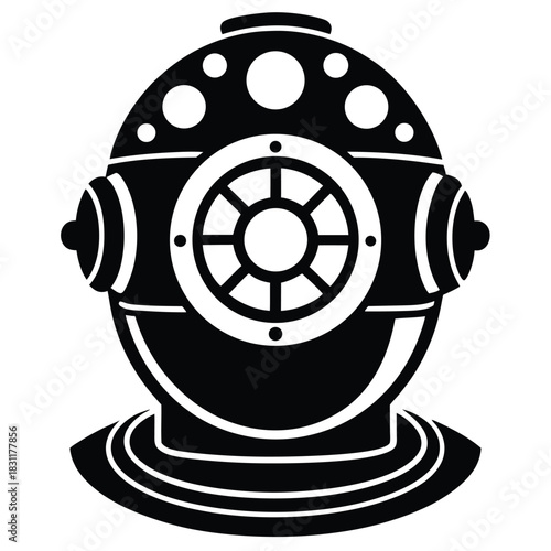 A vintage deep sea diving helmet is displayed in a stark black silhouette