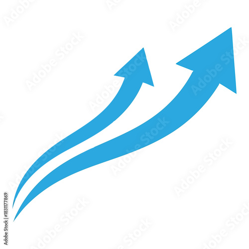 Two blue arrows pointing upwards and forwards on a white background