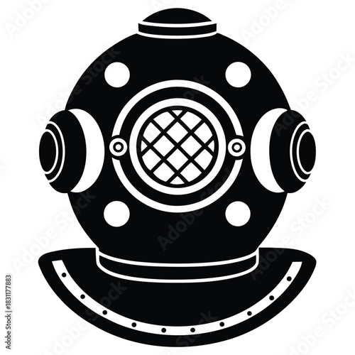 A black and white silhouette shows an antique diving helmet with circular details