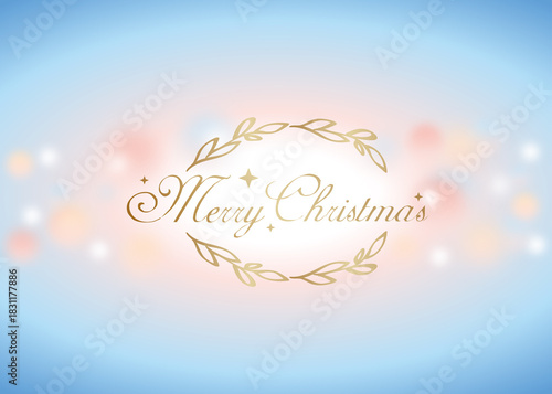 Minimalistic Merry Christmas card on a sky blue background with blurred lights