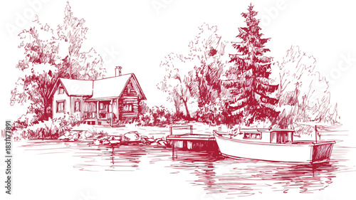 Scenic Drawing of House with Boat on Water - Vector Illustration