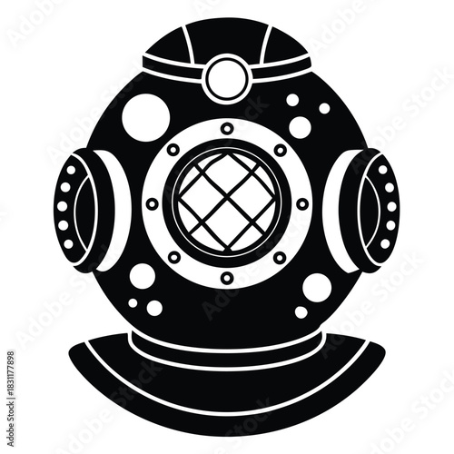 Black and white scuba diving helmet features a circular grid for visibility