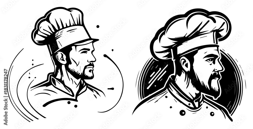 Obraz premium Professional Chef Portrait Wearing Toque – Vintage Monochrome Line Art Vector Culinary Illustration