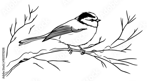 Small Songbird Perched on Bare Branch – Detailed Monochrome Line Art Vector Wildlife Illustration