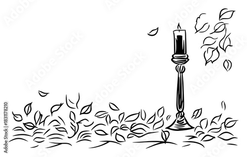 Burning Candle on Vintage Holder with Falling Leaves – Monochrome Line Art Vector Autumn Mood Illustration