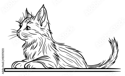 Relaxed Maine Coon Cat Lying and Gazing Sideways – Detailed Monochrome Line Art Vector Pet Illustration