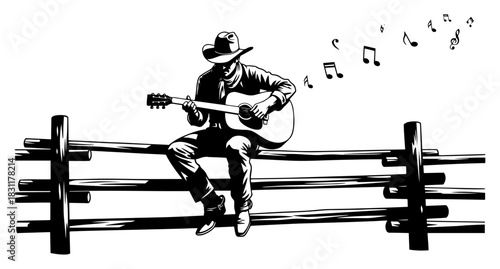 Cowboy Sitting on Fence Playing Acoustic Guitar with Musical Notes – Monochrome Line Art Vector Western Music Scene