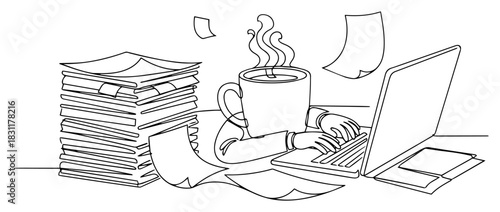 Overworked Office Desk with Laptop, Coffee Mug and Tower of Documents – Minimal Line Art Vector Productivity Stress Concept