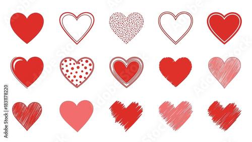 A collection of fifteen red and pink heart shapes of various styles are displayed against a white background, representing love and affection.