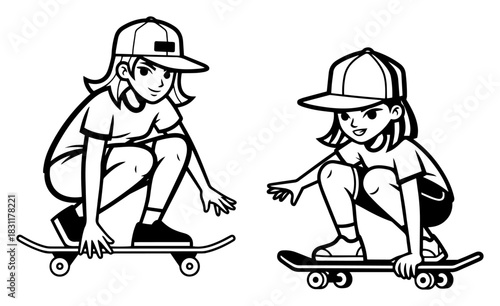 Teen Girls Crouching on Skateboards in Caps – Dynamic Monochrome Line Art Vector Youth Sport Illustration